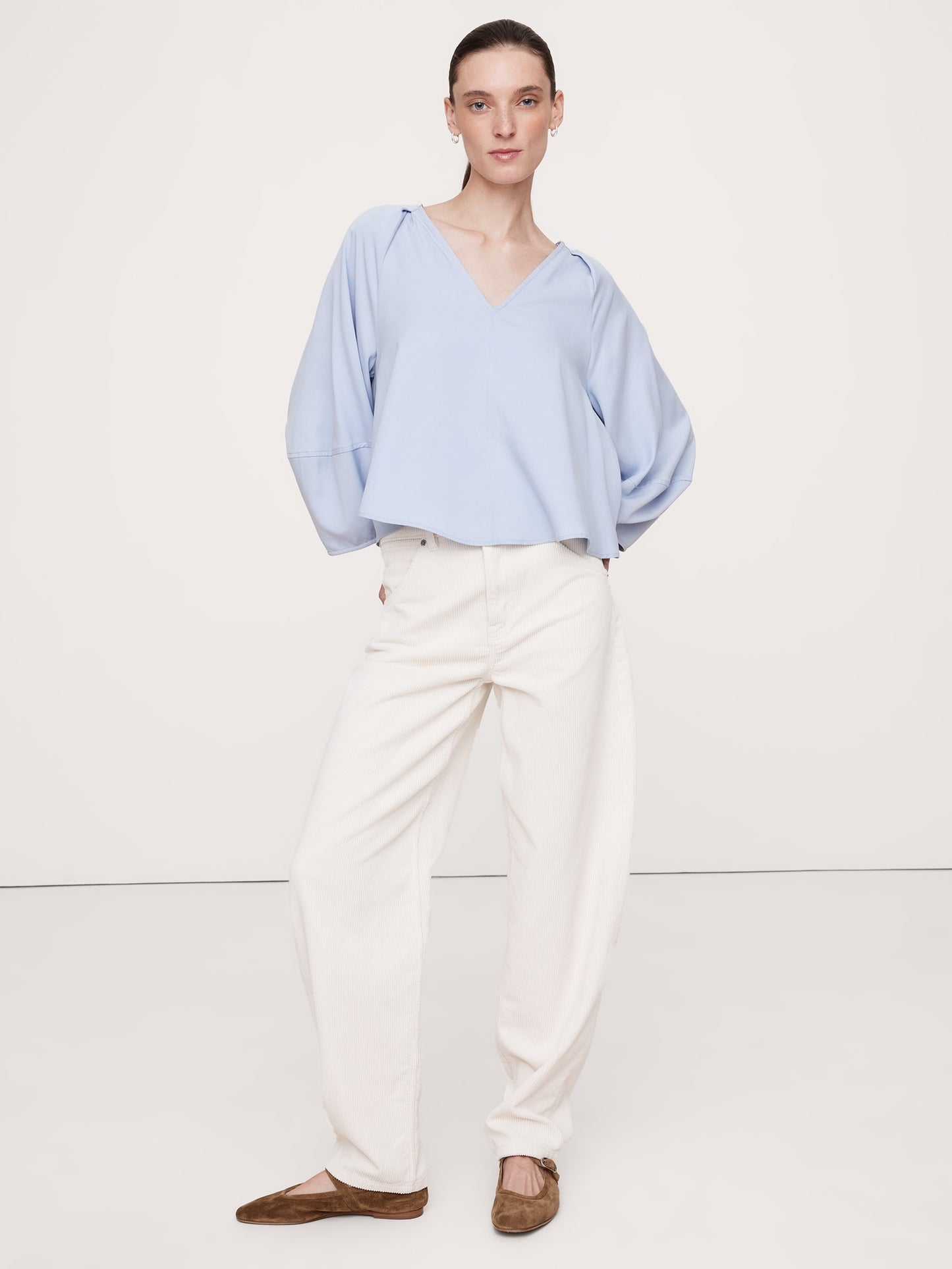 Tencel™-Cotton Twill Lantern-Sleeve Top