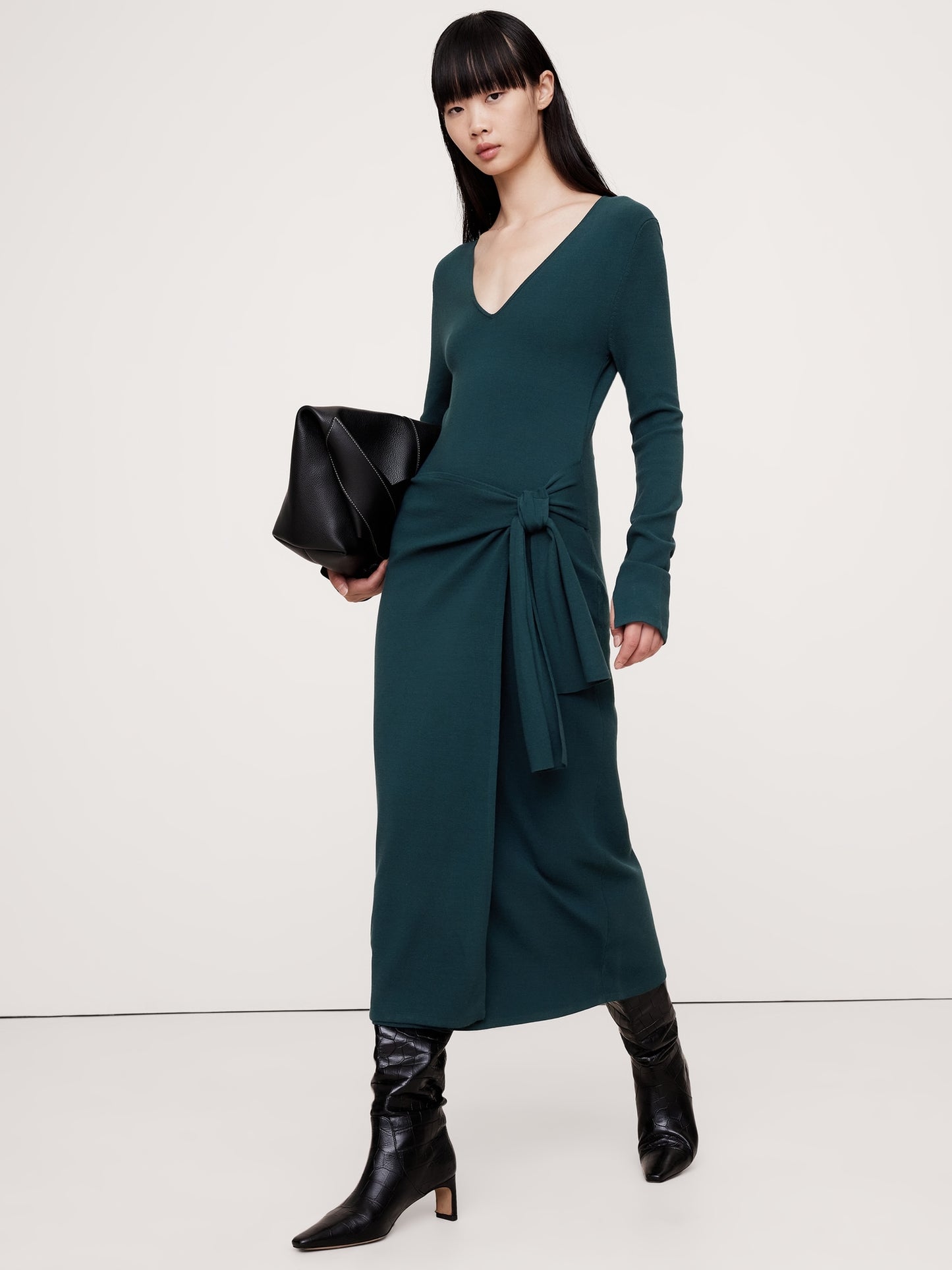 Sculpted Tie-Front Midi Dress