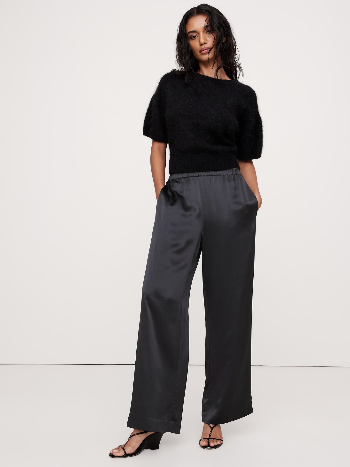 Pull-On Wide-Leg Silk Pant