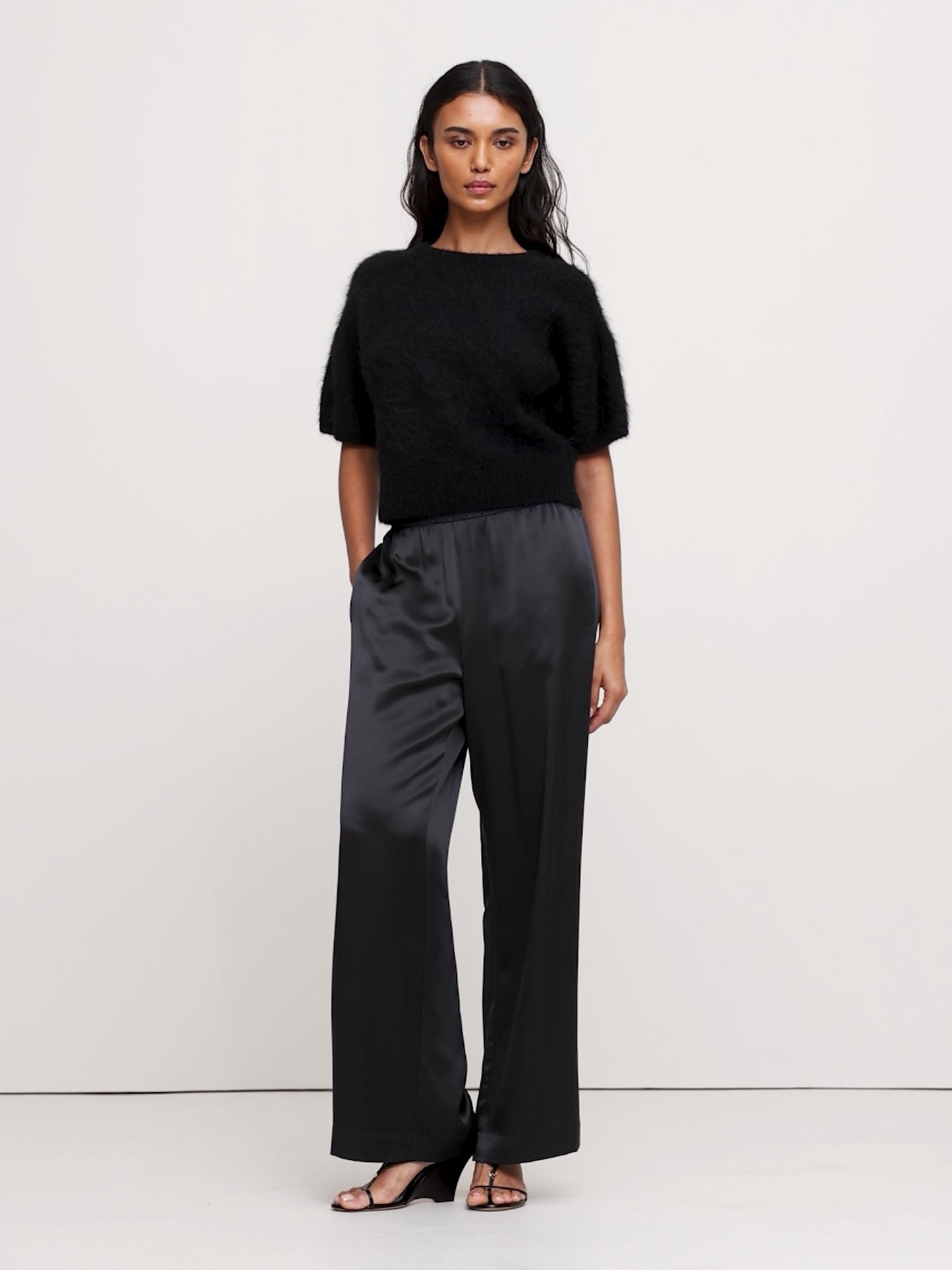 Pull-On Wide-Leg Silk Pant