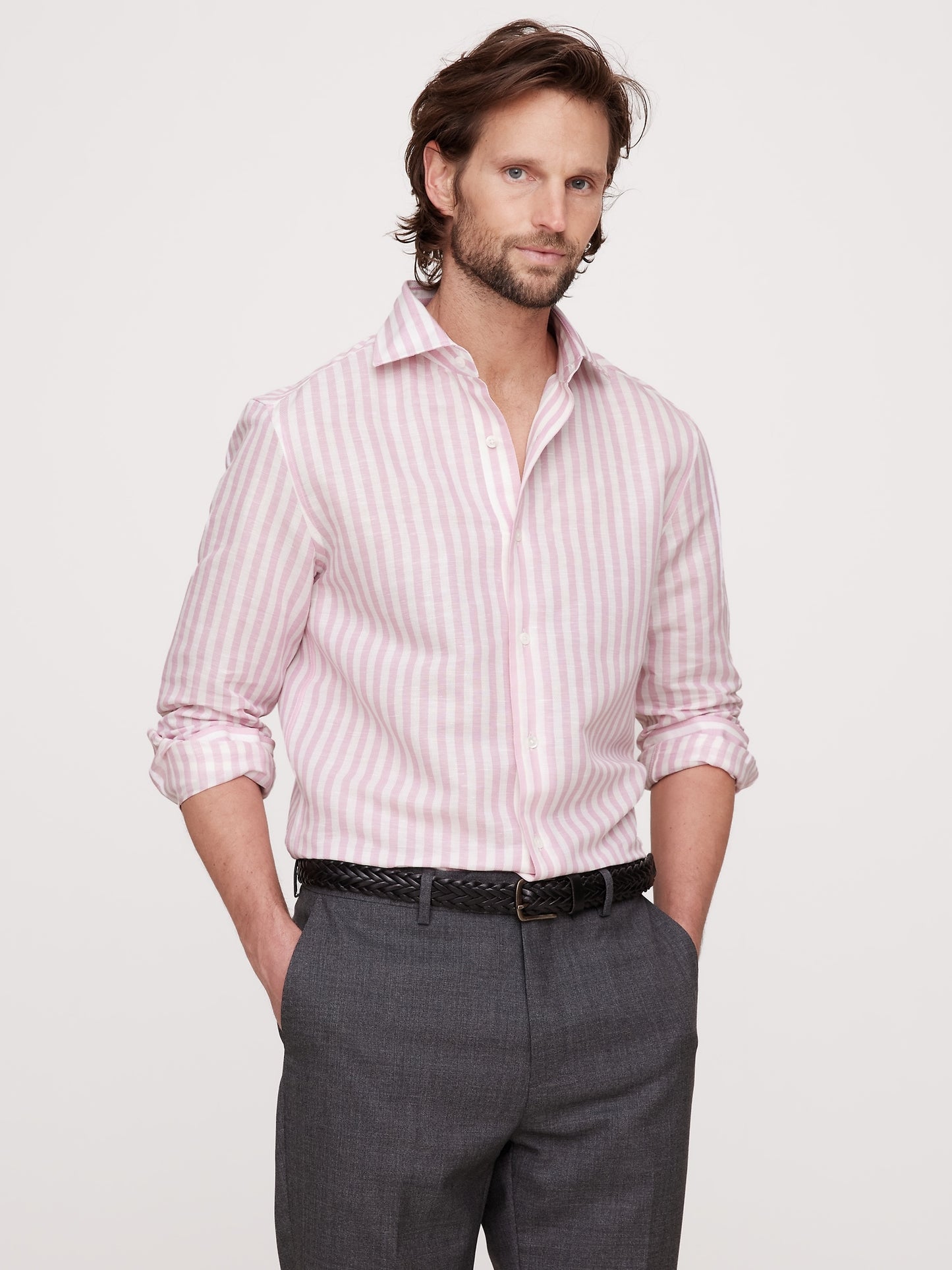 Slim-Fit Linen-Cotton Dress Shirt with Cutaway Collar