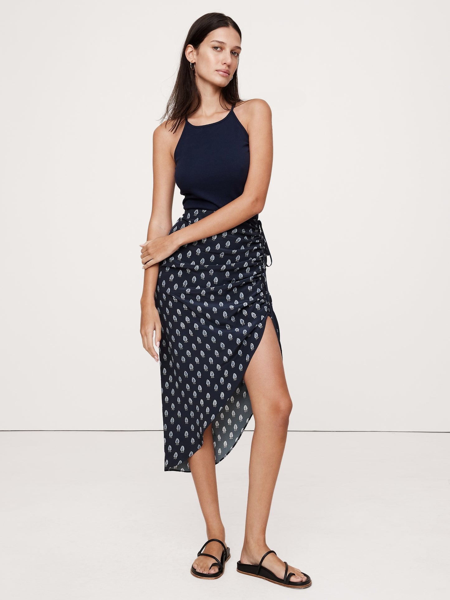 Silk Crepe Side-Ruche Skirt