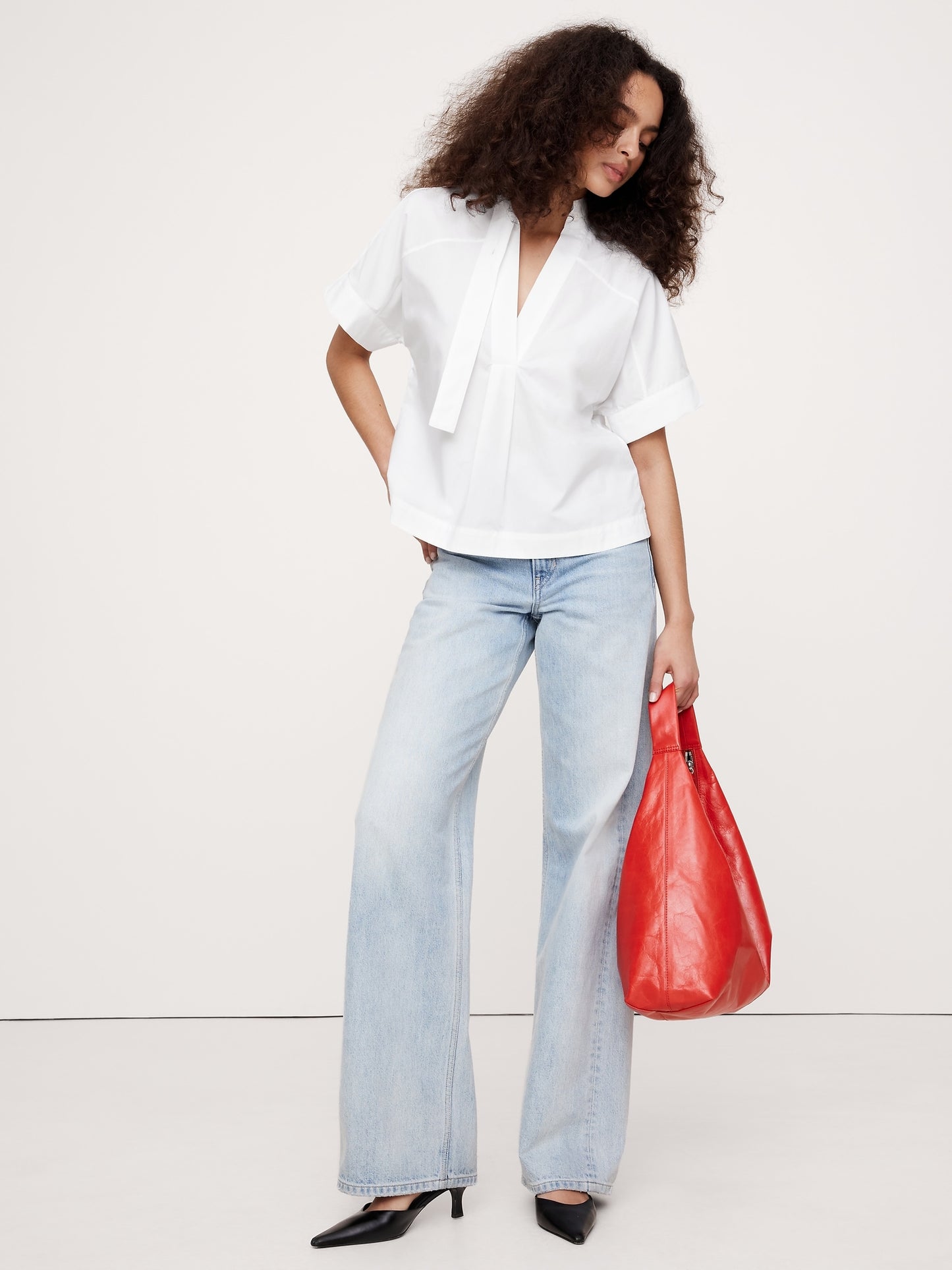 Poplin Popover Tie-Neck Top