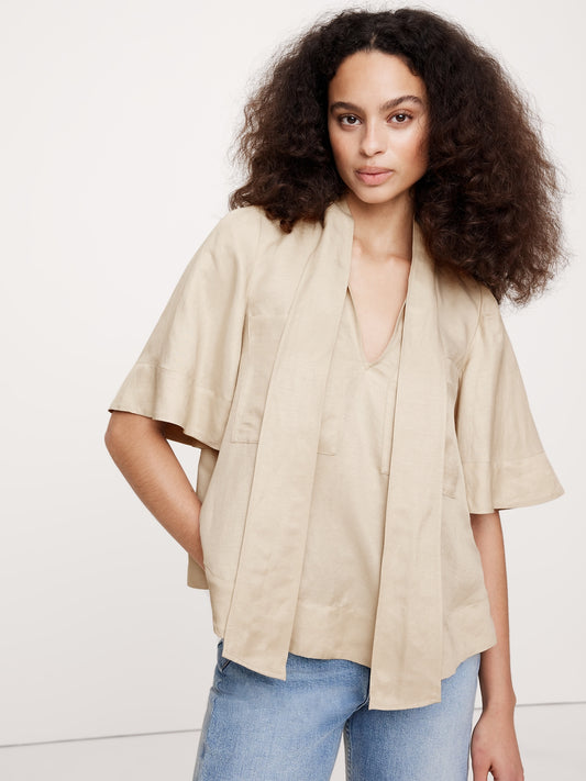 Viscose-Linen Tie-Neck Top